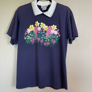 Granny Core Jerzees Tag Tshirt Size Large Puffed Floral Purple Tee Granny Collar